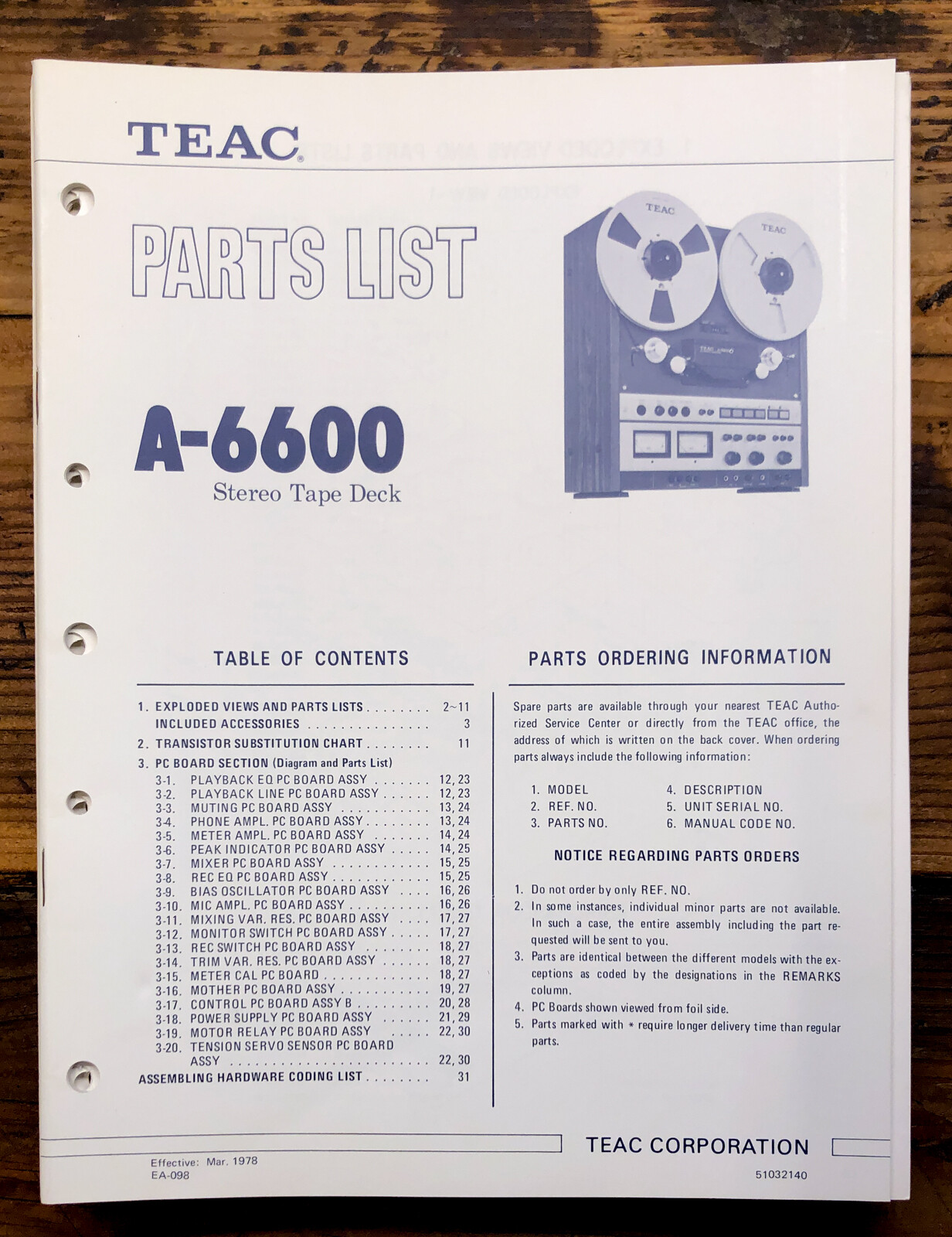 Teac A-6600 Reel to Reel  Parts List Manual *Original*