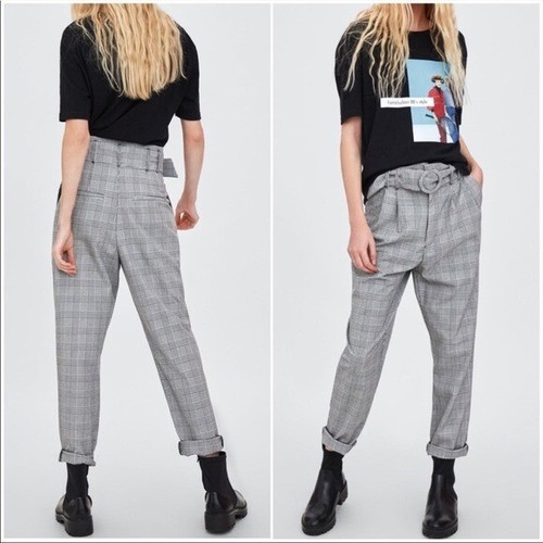 Zara Plaid Pleated High Waist Paperbag Pants Trouser Size XS | eBay