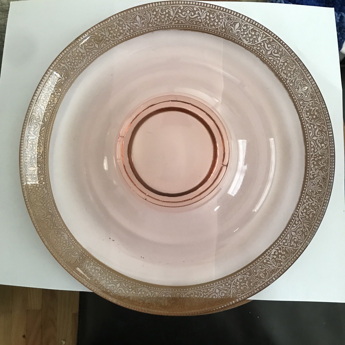 Vintage Pink Depression Glass Console Bowl Dish 22k Gold Trim Large 14” Rare