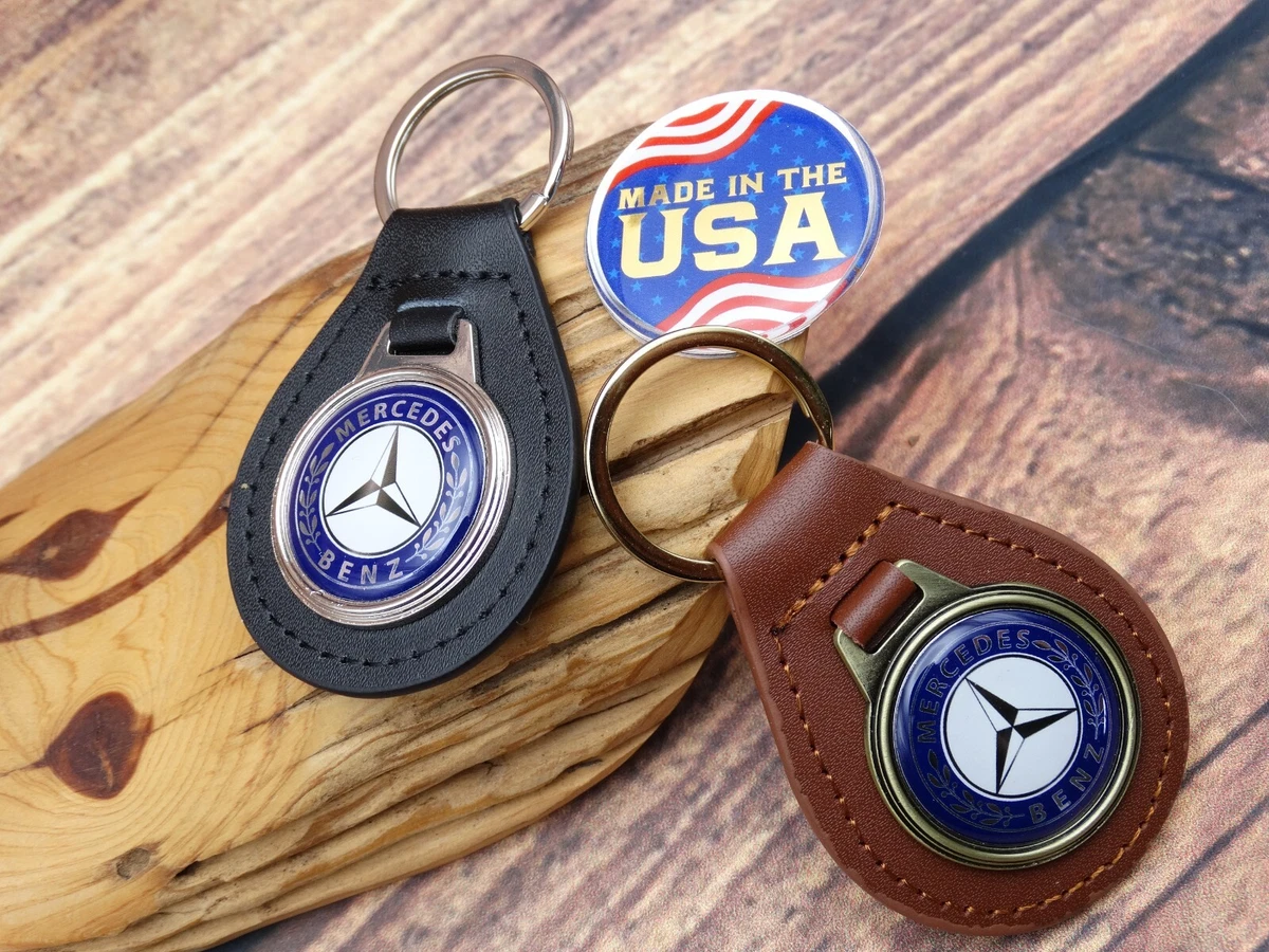 NEW RARE VINTAGE BLUE MERCEDES - BENZ CAR Leather Key Chain Ring Fob NOS