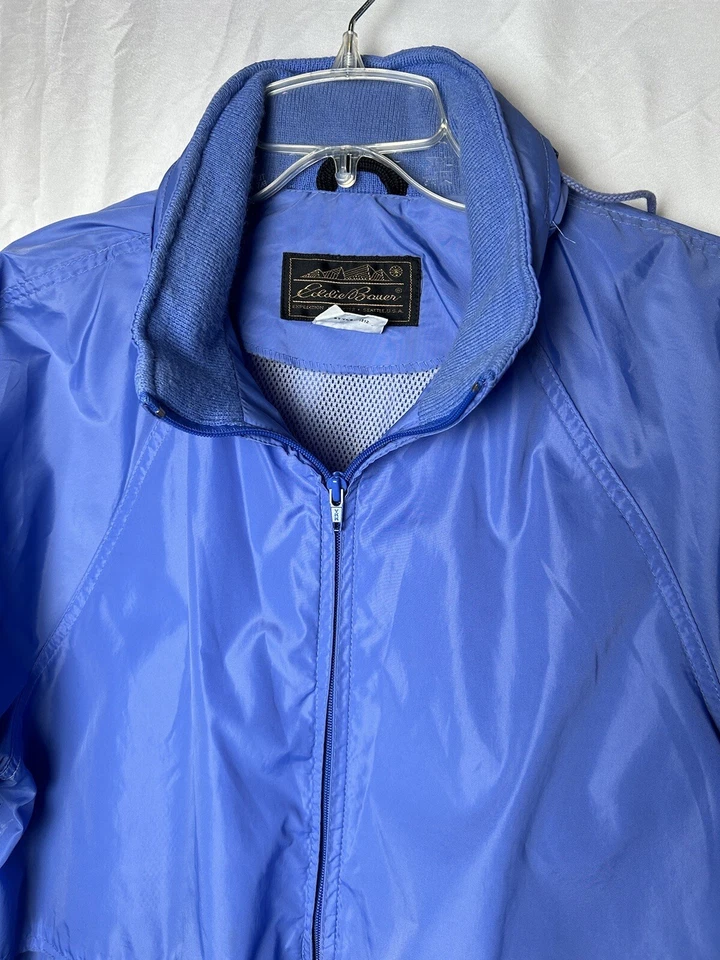Chaqueta de lluvia vintage para mujer Eddie Bauer cortavientos polizón capucha azul talla grande Foto 3 de 4