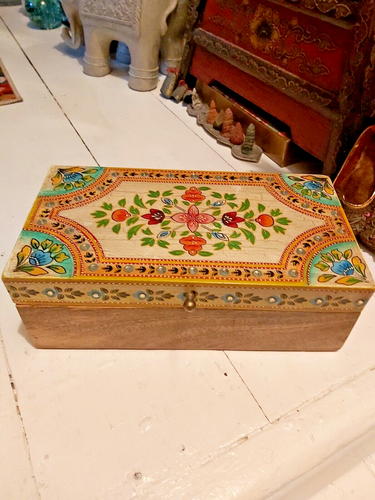 INDISCHE ZAHA HANDBEMALTE MANGOHOLZ AUFBEWAHRUNG/SCHMUCKSCHATULLE - L - Bild 5 von 14