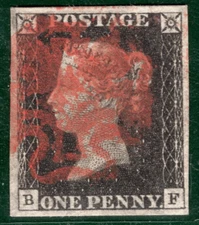 PENNY BLACK 1840 QV Stamp GB SG.2 1d Plate 2 (BF) Red MX Used Cat £375+ RBR32
