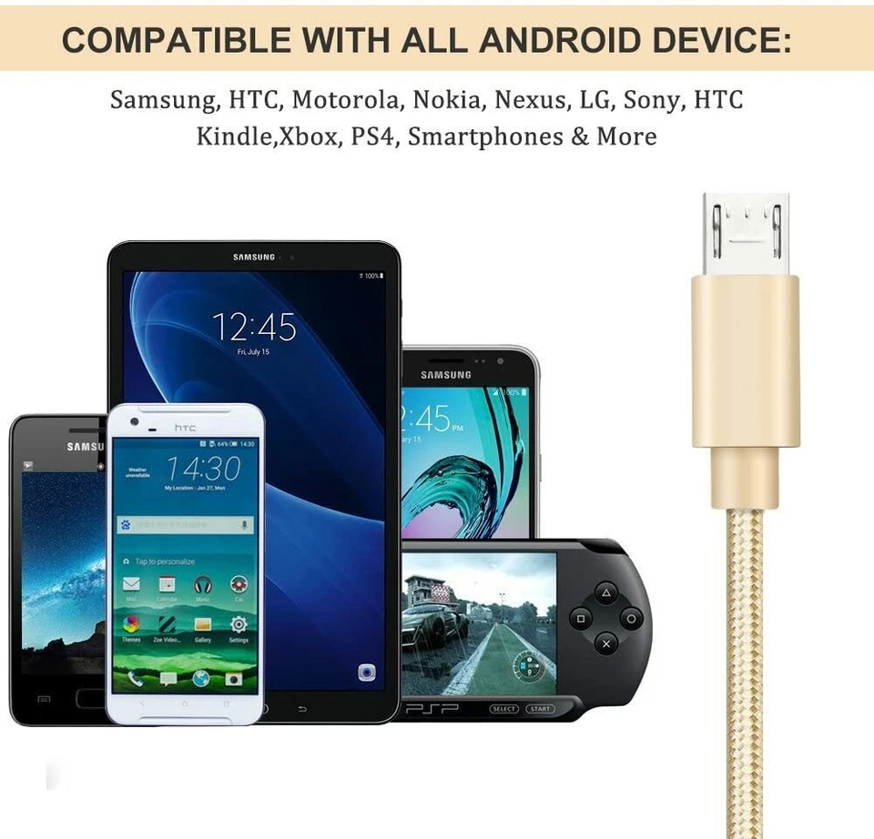3X Heavy Duty Micro USB Fast Charger Data Cable Cord For Samsung Android LG Gold - Image 2 of 4