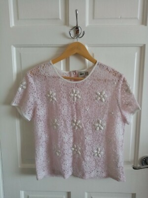 Asos Lilac Pink Lace Embellished Floral T Shirt Top Size 12 (#2