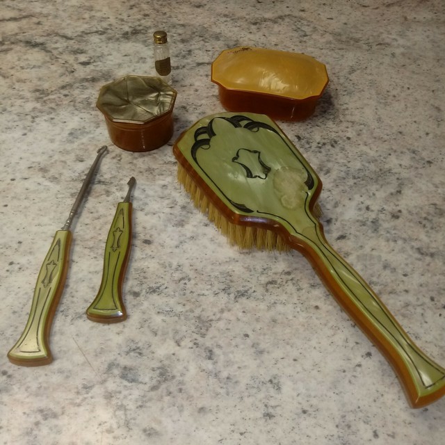 Vintage Vanity Dresser Set Hair brush perfume bottle lot asstd plastic