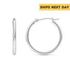 14K Real Solid White Gold Shiny Polished Round Creole Hoop Earrings All Sizes