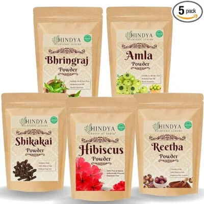 HINDYA AYURVEDIC LUXURY Amla, Reetha, Shikakai, Bhringraj, Hibiscus Powder for Hair 50g each, Total 250g