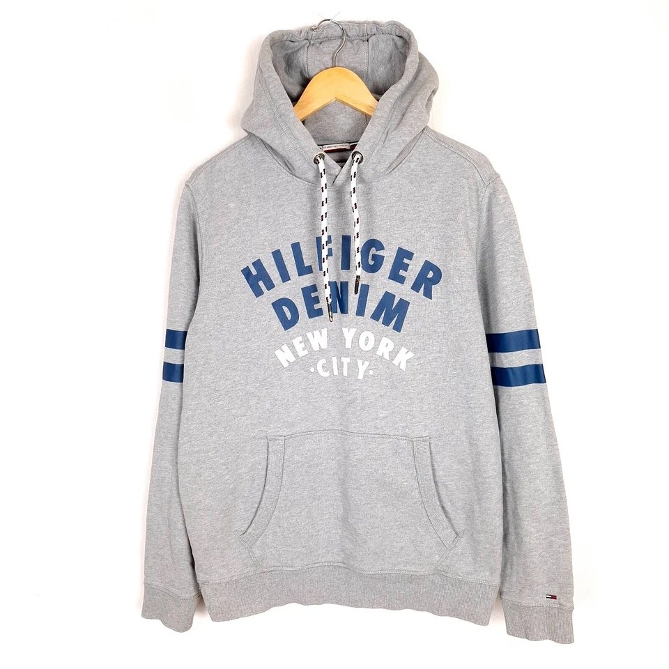 Pull homme TOMMY HILFIGER taille L pull gris poches kangourou coton à capuche - Photo 1/4