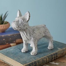 Boston Terrier Dog Figurine Cast Iron Rustic White Finish Statue Home Decor