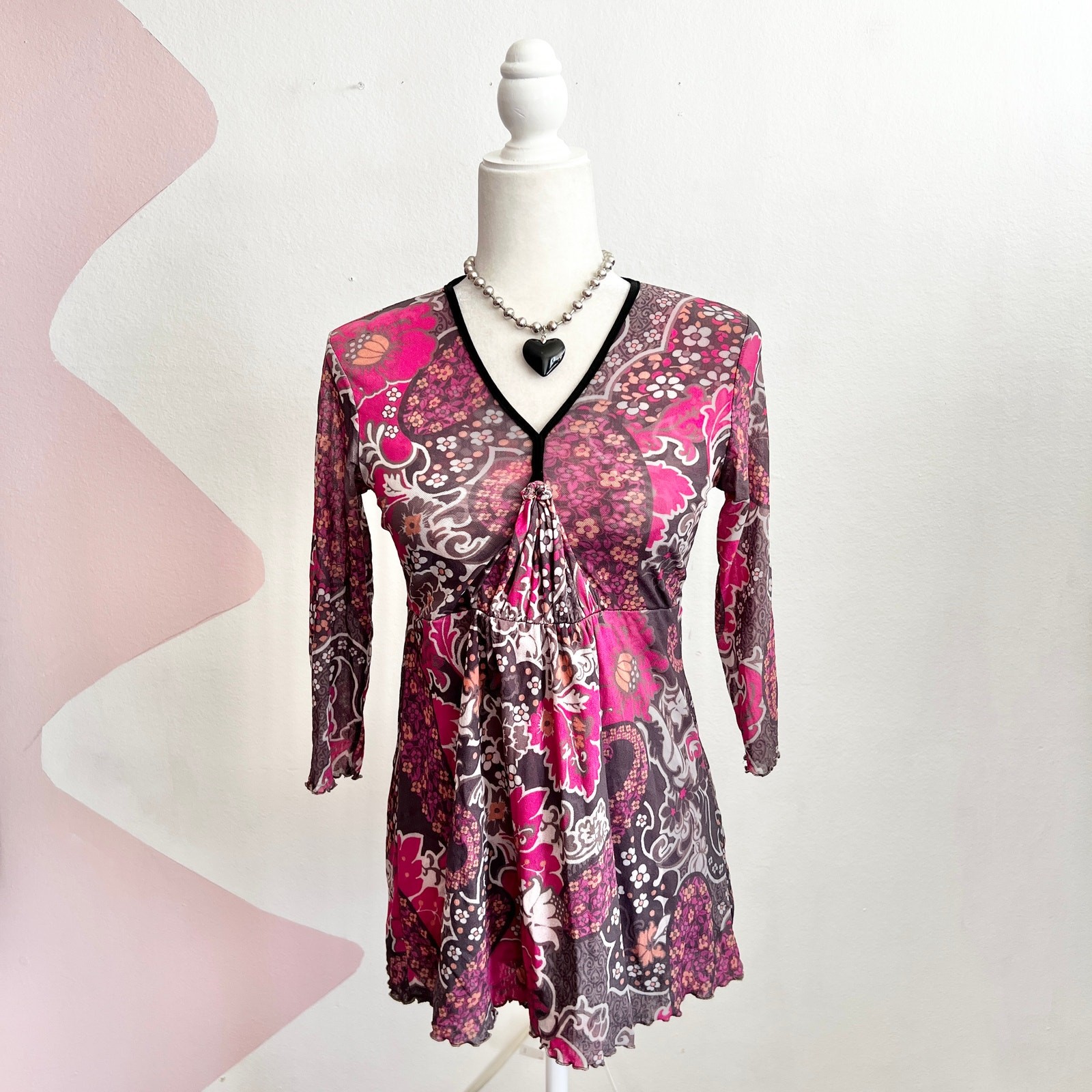 Vintage Y2K Pink Paisley Babydoll Top 2000s Boho Fairy Grunge Small