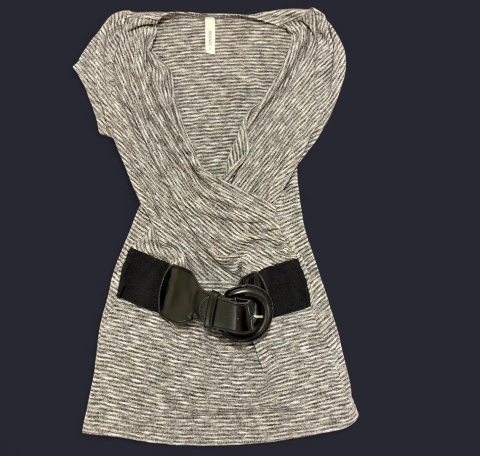 Mini Vestido Y2K Gris Tejido Bodycon Cinturón Cuello en V Suéter Vestido Oficina Sirena Foto 2 de 4