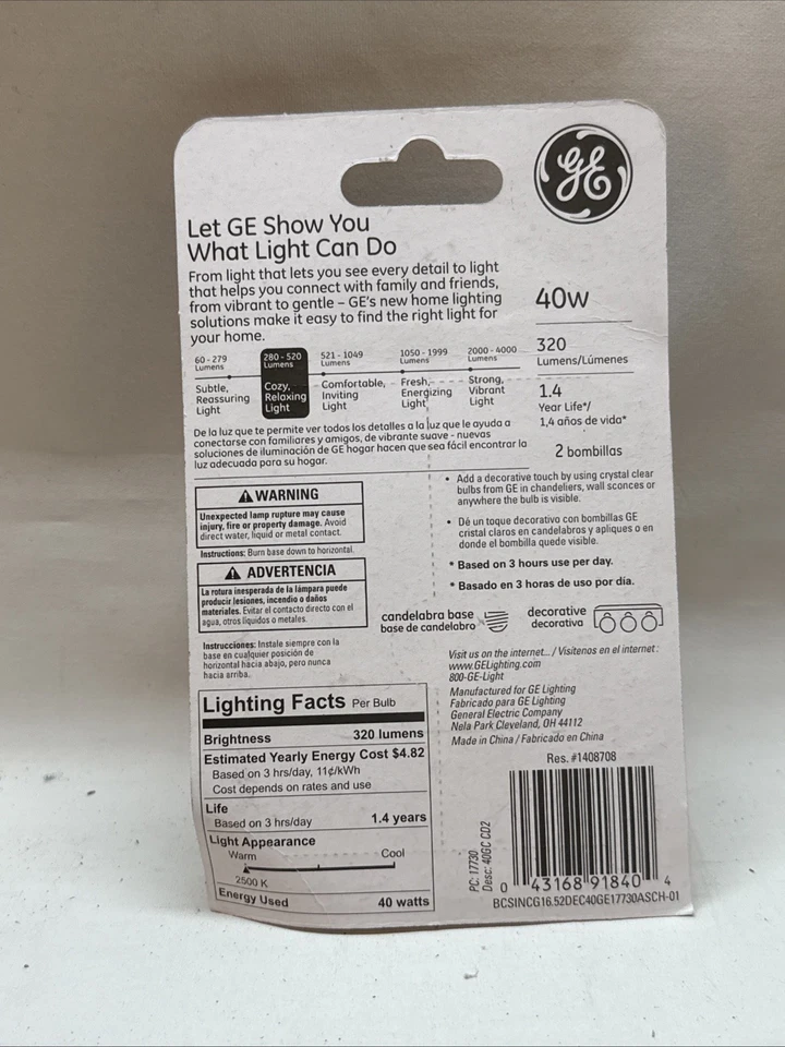 GE CRYSTAL CLEAR G16 1/2 CANDELABRA BASE LIGHT BULBS/40W 320 LUMENS/2 BULBS/NEW! - Image 2 of 2