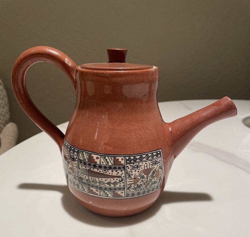 Rare Peruvian Glazed Terra Cotta Tea Pot - C. Cantu Artisan Lima Peru