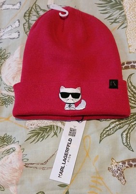 BN KARL LAGERFELD Kids Girls Fuschia Pink Cotton Blend Choupette Beanie Hat 5+