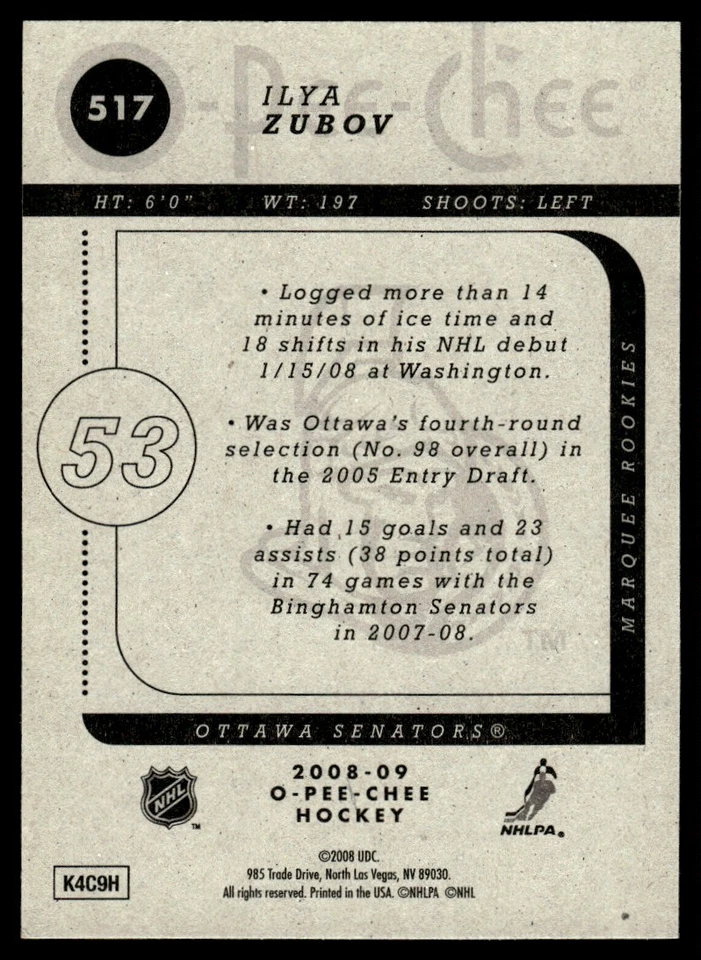 2008-09 O-Pee-Chee MARQUEE ROOKIES Ilya Zubov Rookie Ottawa Senators #517 - Image 2 of 2