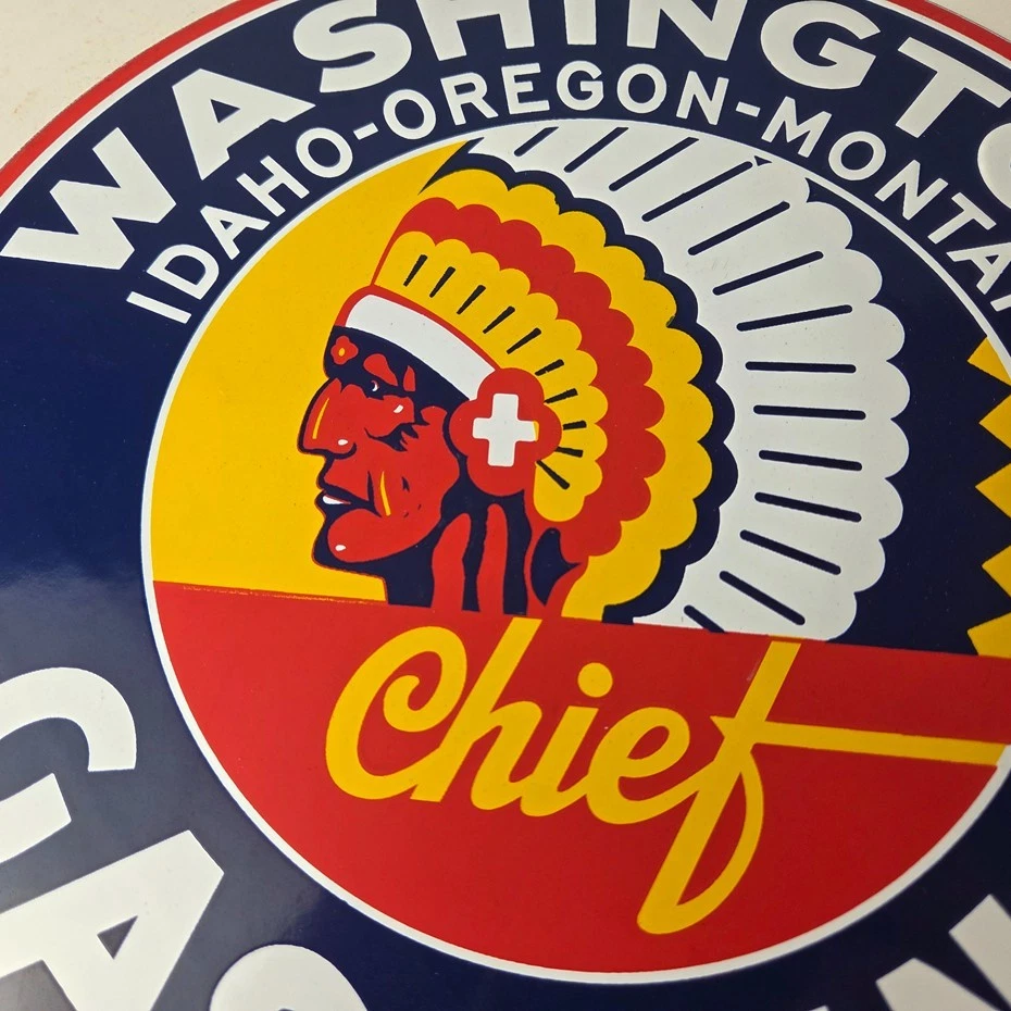 Vintage Washington Gasoline Sign - Indian Chief Gas Porcelain Service Pump Sign - Image 2 of 4