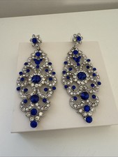 Royal Blue Crystal Like Dangle Earrings, Silver Plated