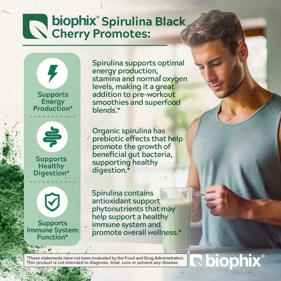 Espirulina orgánica biophix en polvo sabor cereza negra 2,2 libras 1 kg Foto 4 de 4