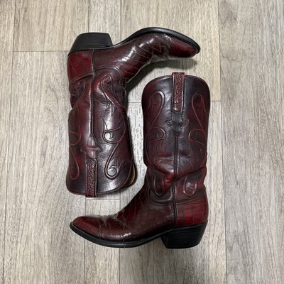 Lucchese Burgundy Wine Cherry ALLIGATOR Cowboy Rodeo Boots Mens Size 8 D Vintage
