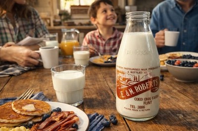 Vintage E & M Roberts Glass Milk Bottle 568ml Flint Dairy Farm Returnable