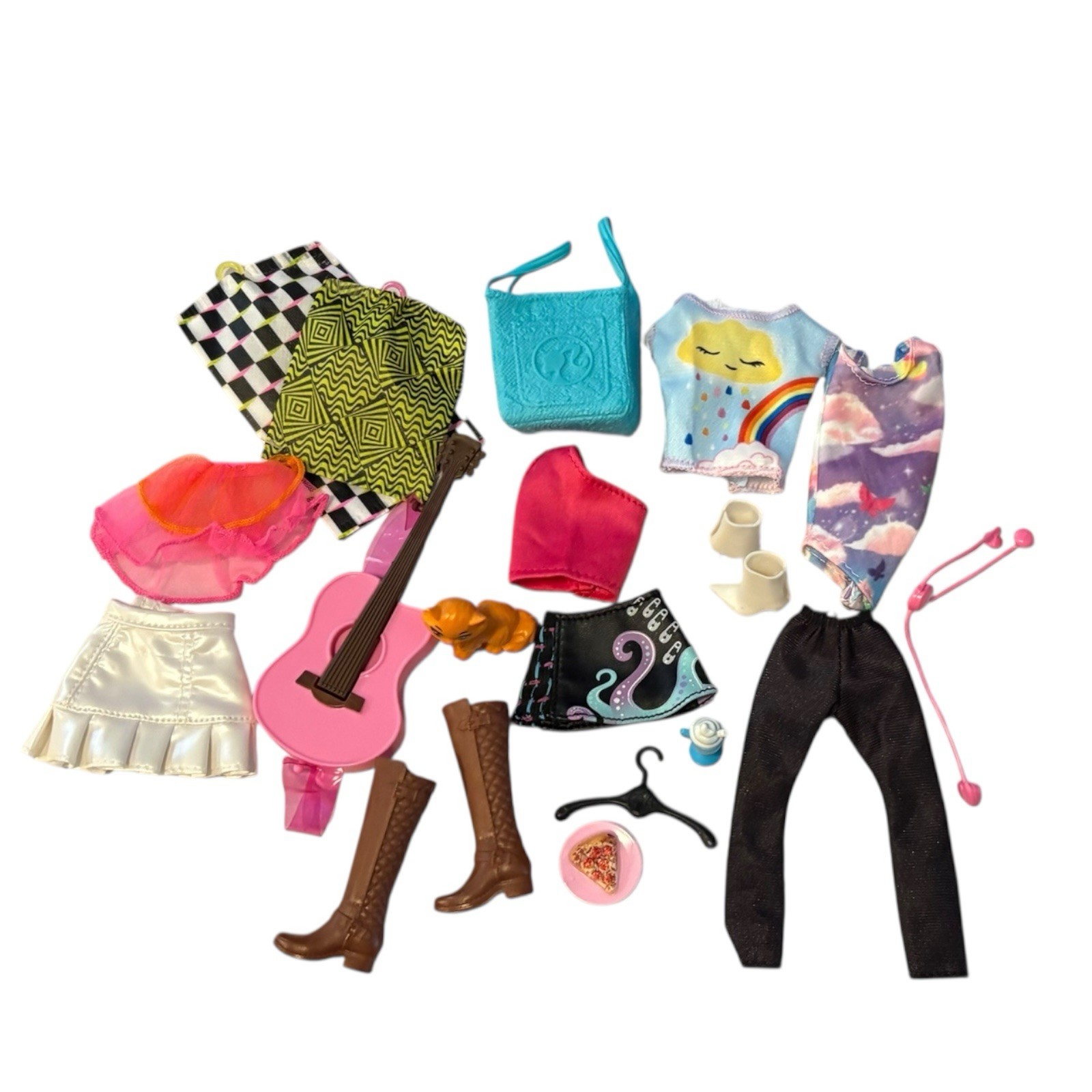 Small Barbie Clothing, Shoes, and Accessories Lot - Guitar, Garment Bags