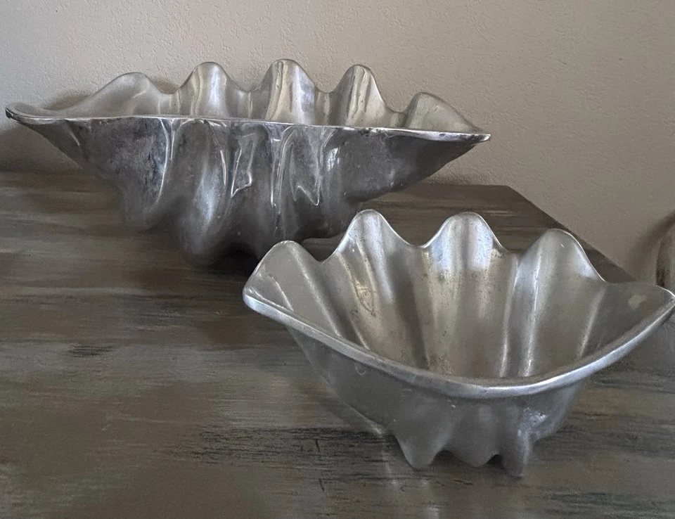 Набор из 2 алюминиевых серебряных чаш для домашнего декора Clam Shell тяжелый твердый «оловянный» - Изображение 2 из 4
