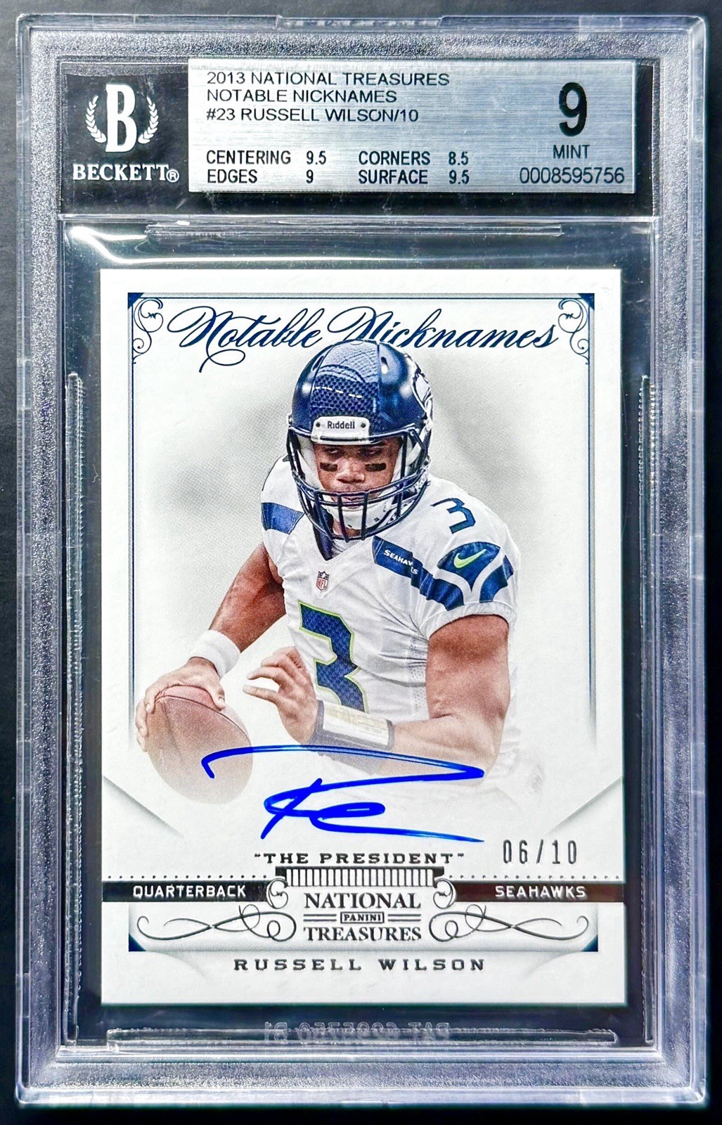 2013 National Treasures RUSSELL WILSON #6/10 Notable Nicknames Auto BGS 9 Mint view 1