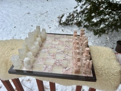 Stone Pink Onyx White Marbled Chess Board 14 With Chess Pieces 2-3 