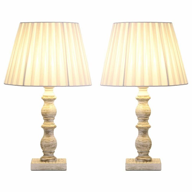 Set Of 2 Vintage Elegant Nightstand Lamps Light With Fabric Shade Wooden Base For Sale Online