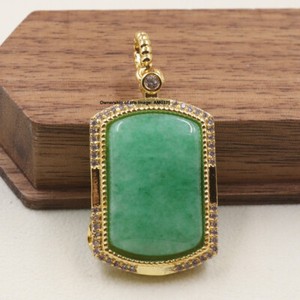 Authentic New Gold Plated Women's Green Jade Rectangle Big Pendant 36mm H Best Gift