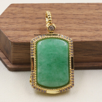 New Gold Plated Women's Green Jade Rectangle Big Pendant 36mm H Best Gift