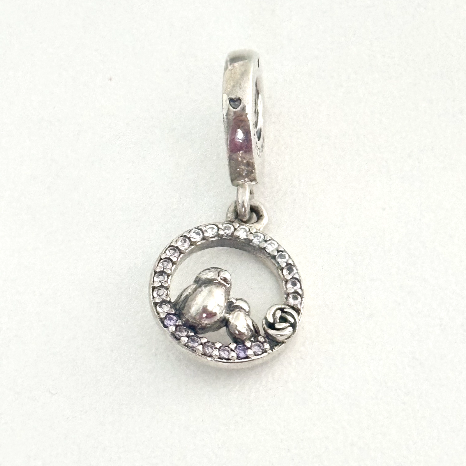 Pandora 925 Sterling Silver Mother & Baby Bird Purple CZ Round Dangle Bead Charm