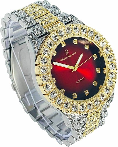 Men's Hip Hop Iced Two Tone Rapper Bling Luxury Red Dial Bust Down Metal Watch - Picture 3 of 3