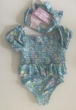 Tommy Bahama Kids Baby Girl Ruffle Bathing Suit with Bow Headband 12 months NEW