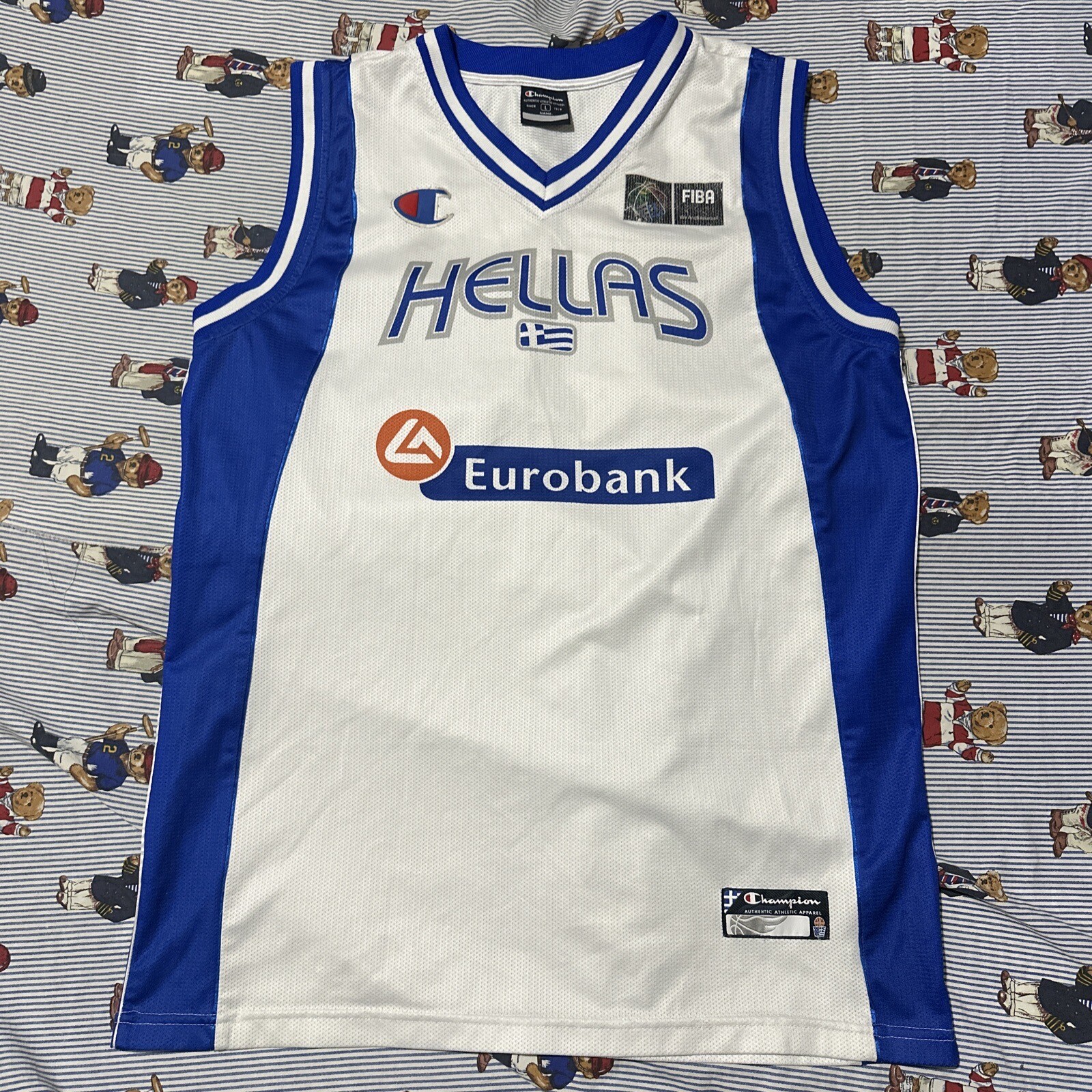 Greece Hellas FIBA Basketball Jersey By Champion Size Large White Blue