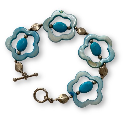 Pulsera artesanal boho hecha a mano floral azul abulón y turquesa de plata de ley - Imagen 3 de 3