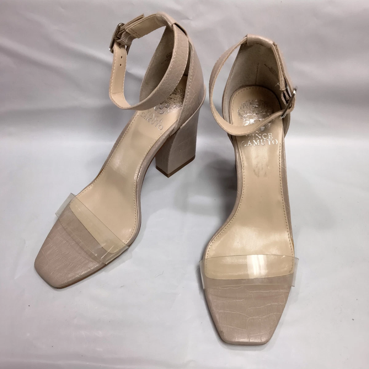 Vince Camuto Lauralie Tan Beige Croc Embossed Ankle Strap Heels Womens Size 8