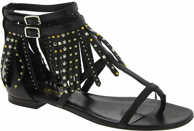 Saint Laurent Women's flats sandals in black leather with fringes