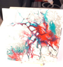 Handmade Abstract Original Acrylic Pour Painting on 8X8 Canvas Varnished  Stand