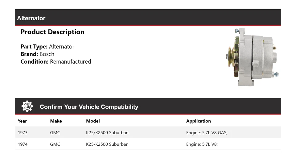 Alternador Bosch Suburban para GMC K25/K2500 1973-1974 (Remanufacturado) Foto 2 de 4