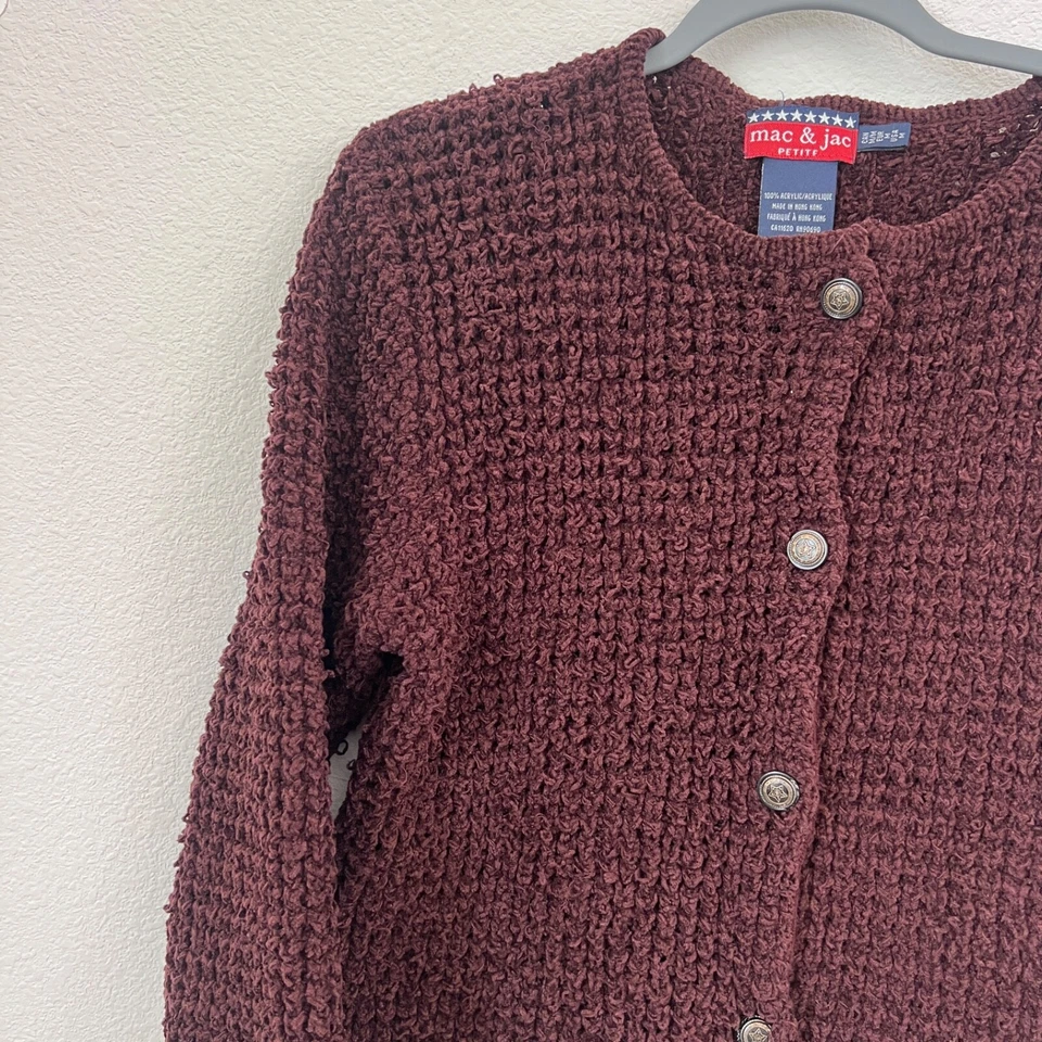 Cárdigan vintage Mac & Jac tejido abierto con botones para mujer mediano pequeño borgoña Foto 3 de 4
