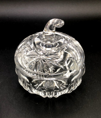 Vintage Cut Crystal Pumpkin Shaped Sugar Bowl & Lid with Spoon Slot DIA 4 '' Mint