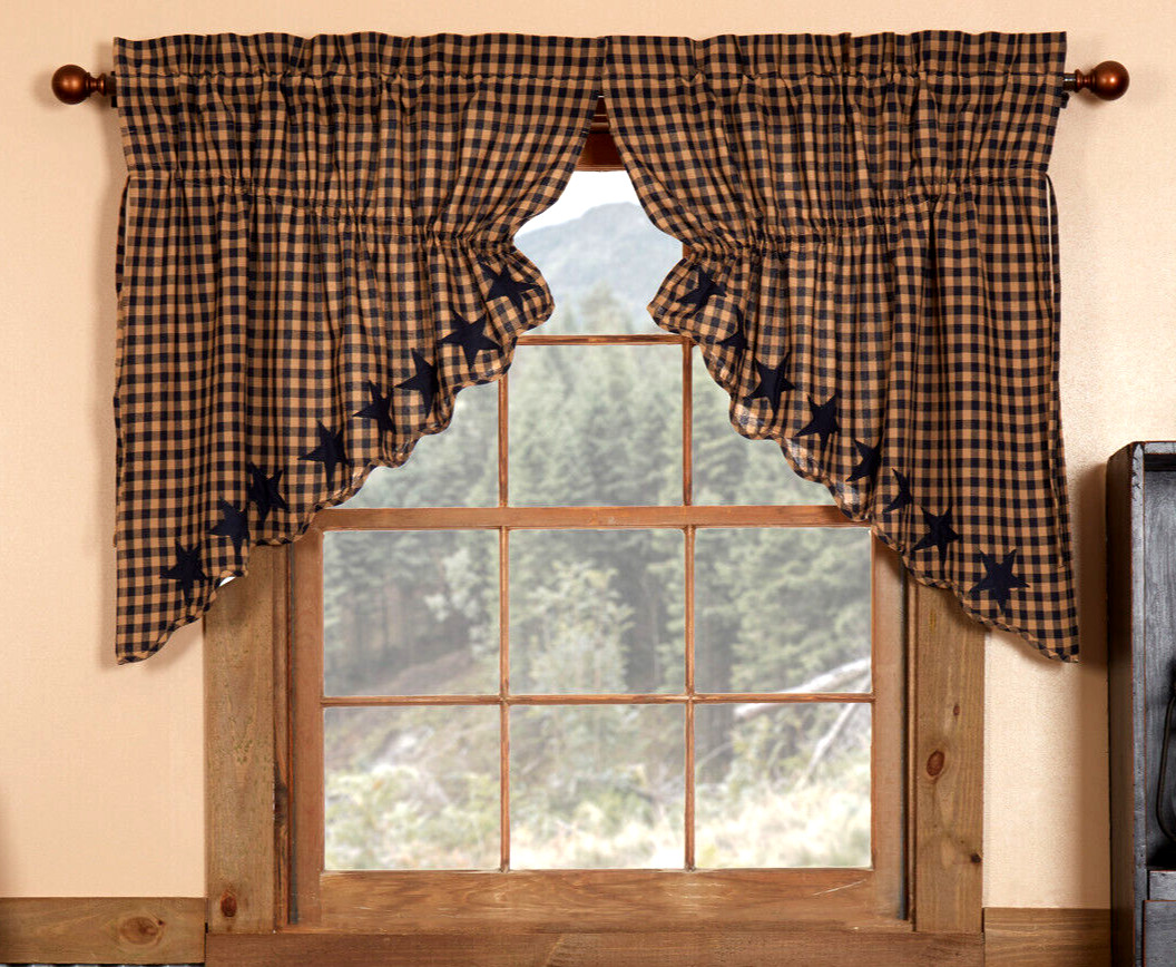 Navy Star Patch Drawstring Prairie Swag Blue & Tan Check Country Farmhouse