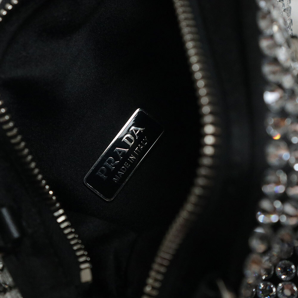 PRADA Triangle Chain Shoulder Bag Crystal & Satin & Leather