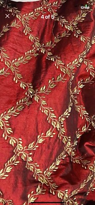 Scalamandre Vintage Designer Dupioni Embroidered Quilted Silk Fabric Red & Gold
