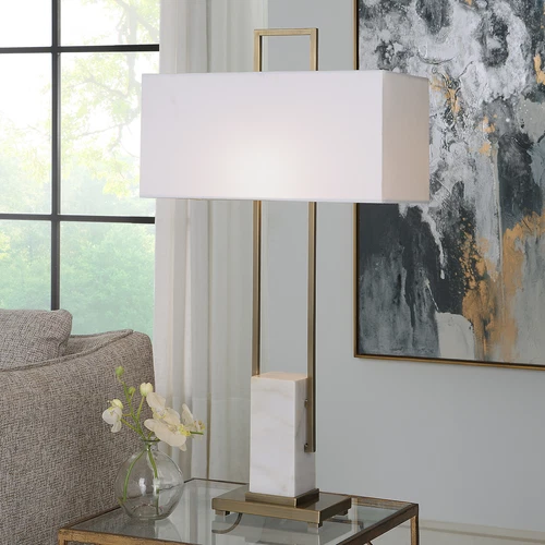 Modern Minimalist White Marble Rectangles Table Lamp 35 in Geometric Blocks Gold - Picture 2 of 8