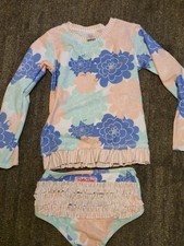 New Ruffle Butts Bathing Swim Suit Girls Size 7 Rash Guard Pink Blue Floral Set