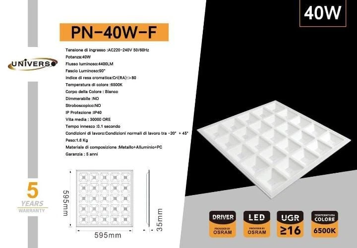 PANNELLO LED QUADRATO BIANCO ALVEOLI - UNIVERSO - 40W 4400LM 220-240V - LUCE BIA - Immagine 2 di 4