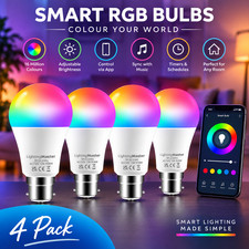 4 Pack B22 Smart LED Bulbs 12W RGB Colour Changing Alexa Bluetooth Dimmable 1280